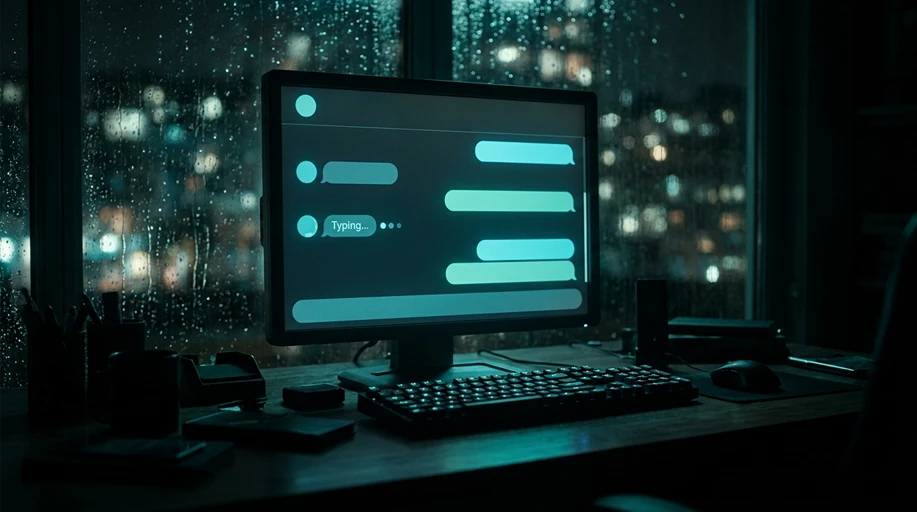 Monitor exibindo uma conversa automatizada com balões de mensagem e indicador 'digitando', em mesa noturna com cidade desfocada ao fundo